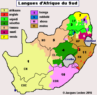 Carte des différentes langues parlées en Afrique du Sud
